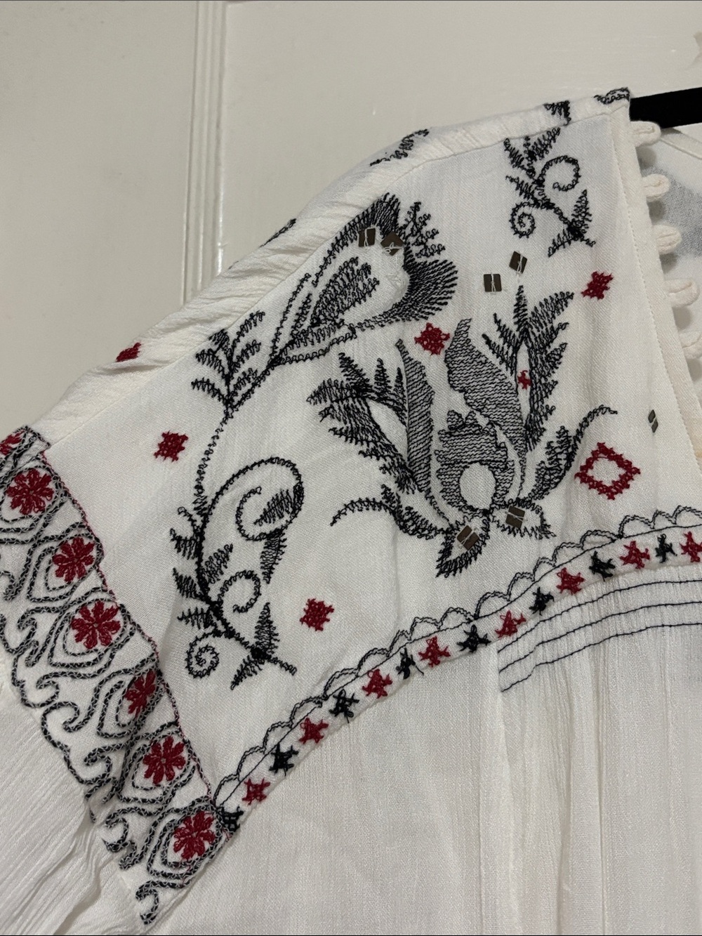 Free People White Peasant Blouse with Black & Red Embroidery - Picture 6 of 8